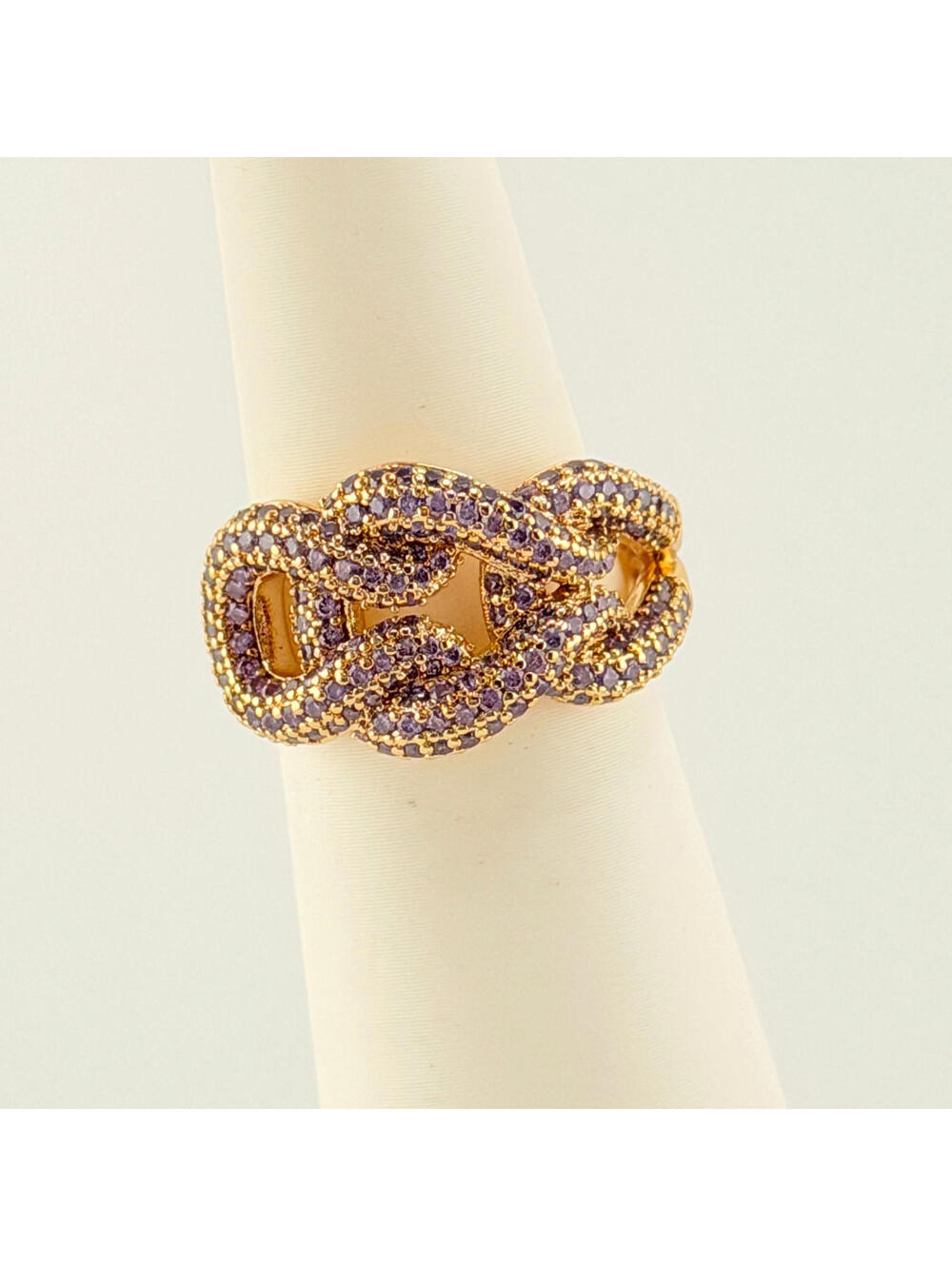 Bomb Party Ring Sz 7 "Melody’s Muse" Purple Topaz on Yellow Gold Pave Knot Link